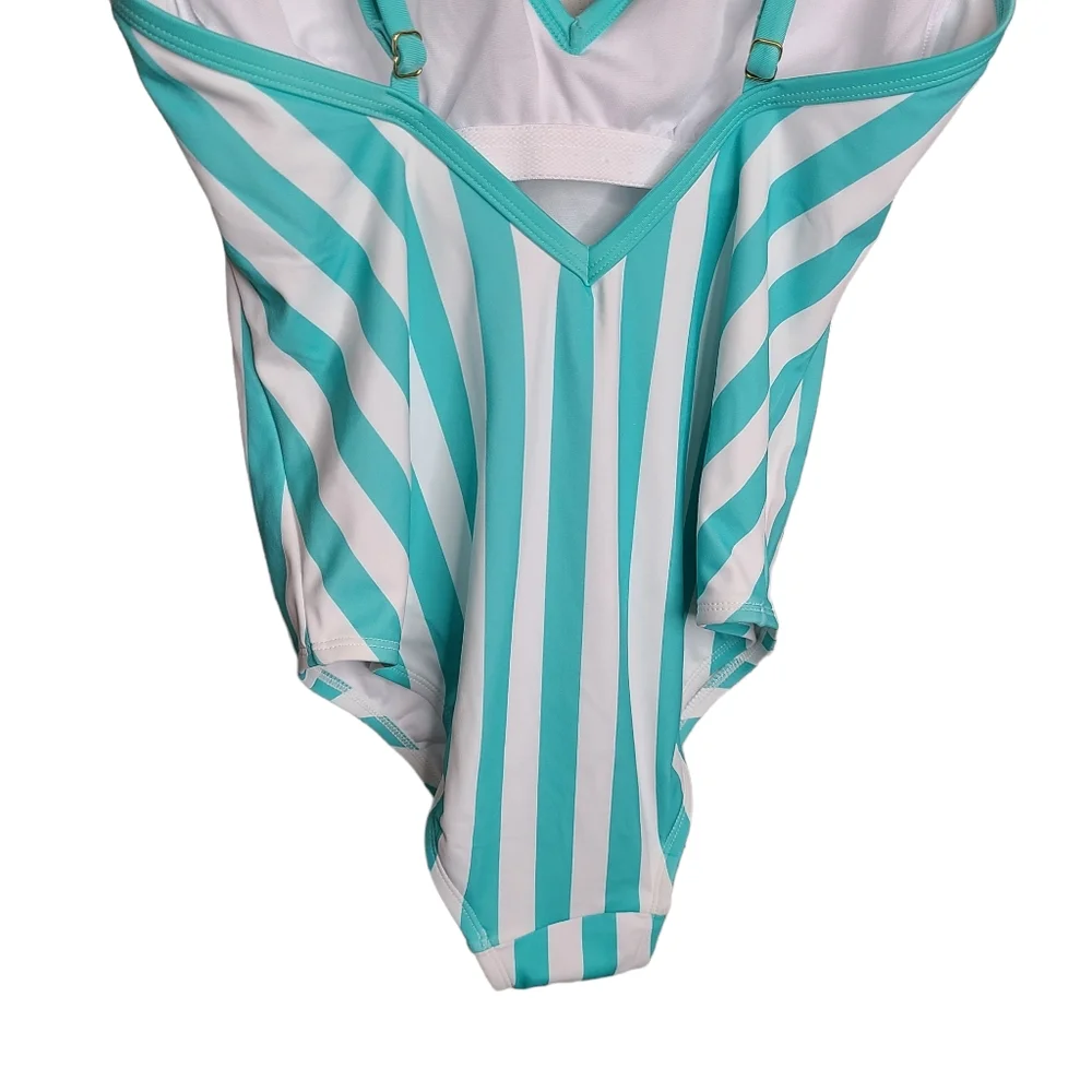 Kona Sol Aqua White Striped One Piece Swimsuit NWT Ladies Size Medium 8/10 - Picture 8 of 15